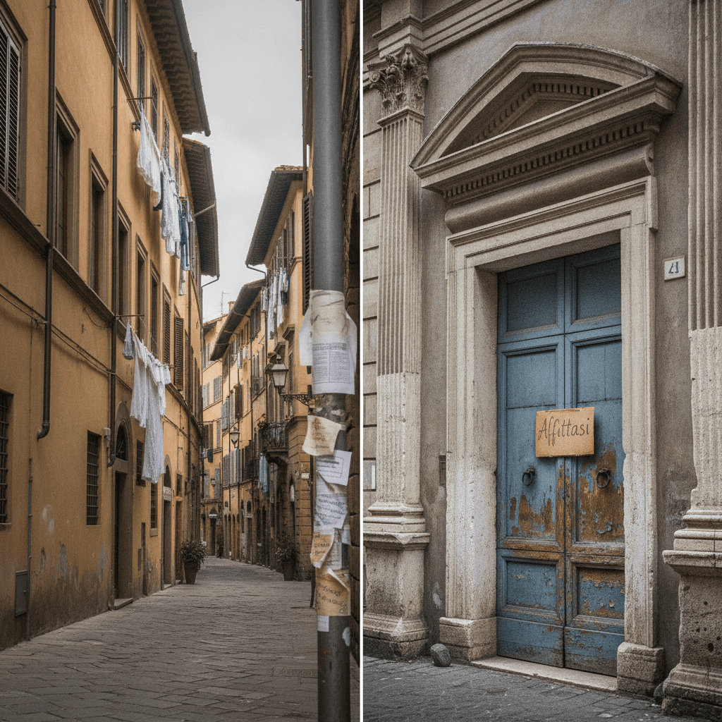 Florentine alley and Roman street with a 'for rent' sign, symbolising the shortage of housing and the rising student rents in Florence and Rome in 2026