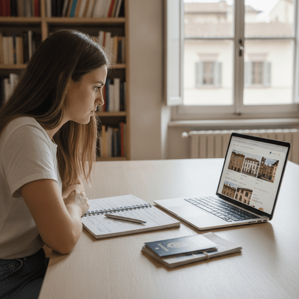 Studentessa che prenota una stanza a Firenze online dall'estero in sicurezza, con laptop e documenti sul tavolo